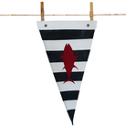 Nautical black and white striped pennant with a fishing silhouette and metal grommets for hanging.
